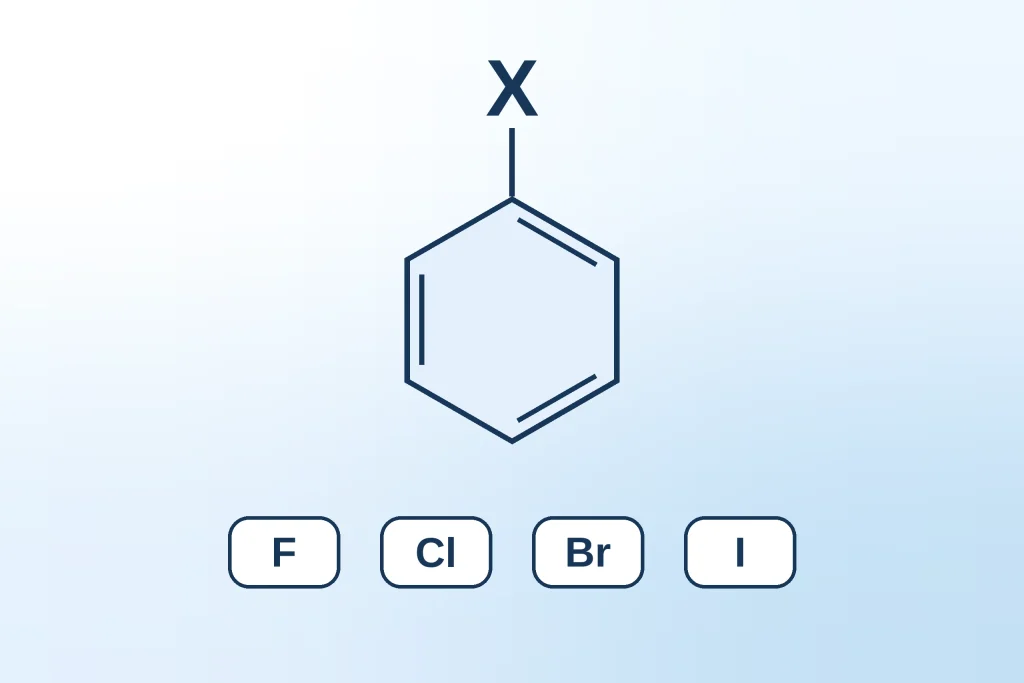 Aryl halide structure: a benzene ring bearing a halogen substituent (X) representing fluorine, chlorine, bromine or iodine